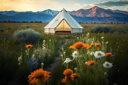 glamping tent in field of wildflowers with mountain range in the background, created with generative aiの素材