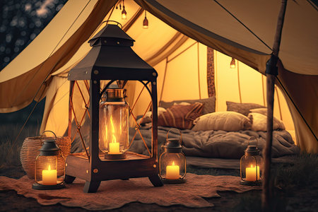 glamping tent with lanterns and candles creating a cozy atmosphere, created with generative aiの素材
