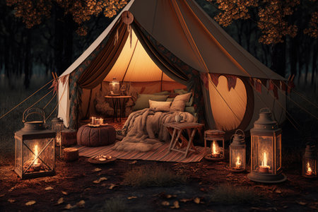 glamping tent with lanterns and candles creating a cozy atmosphere, created with generative aiの素材