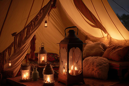 glamping tent with lanterns and tea light candles for a cozy atmosphere, created with generative aiの素材