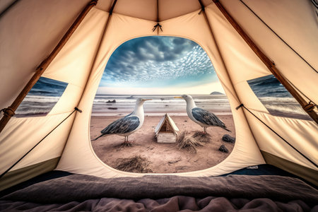 glamping tent with views of the ocean, surrounded by waves and seagulls, created with generative aiの素材