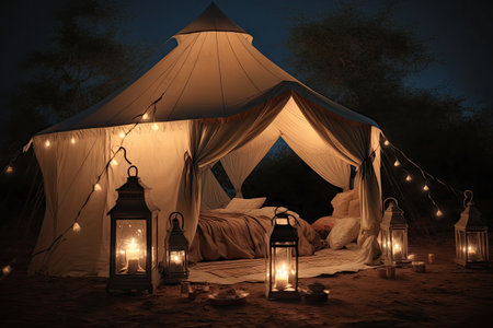 glamping tent with lanterns and candlelight for a romantic getaway, created with generative aiの素材