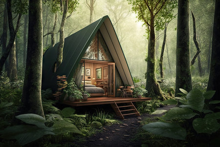 glamping cabin, surrounded by lush greenery and towering trees, created with generative aiの素材