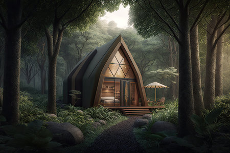 glamping cabin, surrounded by lush greenery and towering trees, created with generative aiの素材
