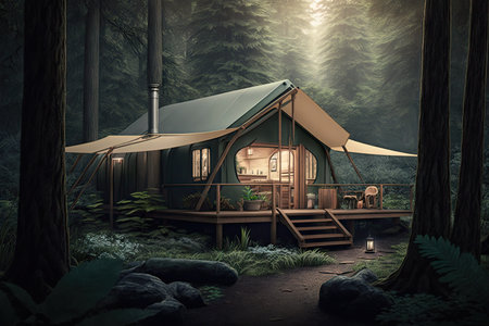 glamping cabin, surrounded by lush greenery and towering trees, created with generative aiの素材
