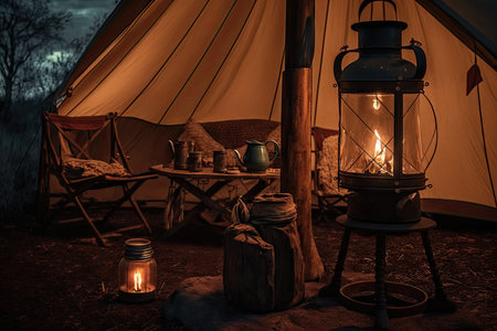 glamping setup with a wood-burning stove and lanterns, created with generative aiの素材