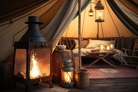 glamping setup with a wood-burning stove and lanterns, created with generative aiの素材