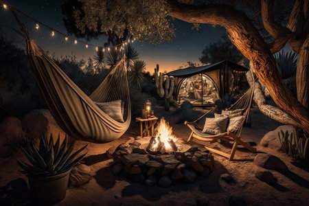 glamping campsite, with fire pit and hammocks for relaxing evenings, created with generative aiの素材