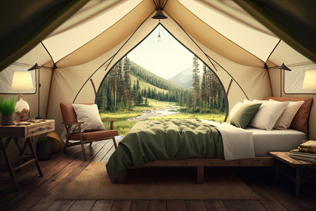glamping tent with view of lush, green forest, created with generative aiの素材