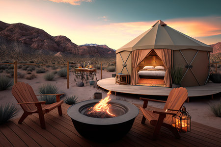 glamping retreat with outdoor hot tub and mountain views, created with generative aiの素材