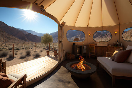 glamping retreat with outdoor hot tub and mountain views, created with generative aiの素材
