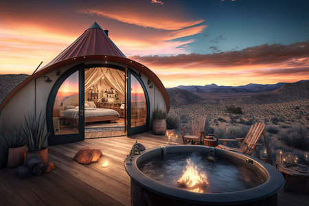 glamping retreat with outdoor hot tub and mountain views, created with generative aiの素材