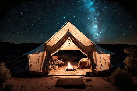 glamping tent with view of the stars above, surrounded by a blanket of twinkling lights, created with generative aiの素材