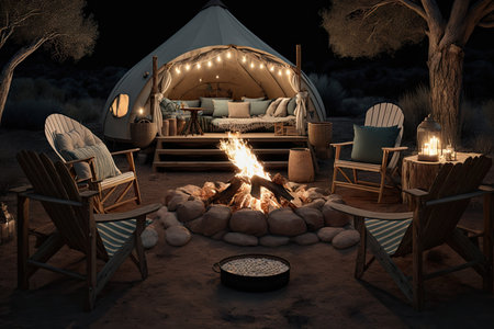 glamping site with fire pit and cozy seating for roasting marshmallows, created with generative aiの素材