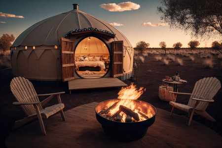 glamping site with fire pit and cozy seating for roasting marshmallows, created with generative aiの素材