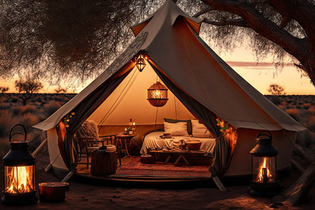 glamping tent with lanterns and fire pit for warm and cozy atmosphere, created with generative aiの素材