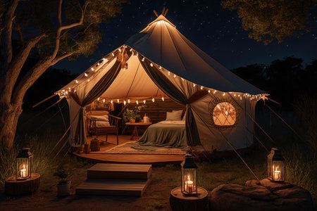 glamping tent with lanterns and fairy lights at night, created with generative aiの素材