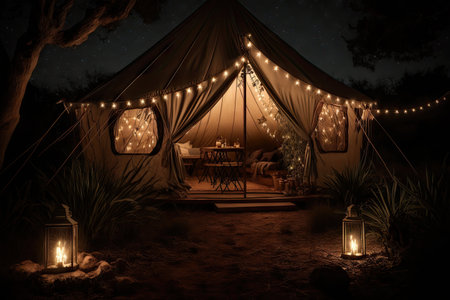 glamping tent with lanterns and fairy lights at night, created with generative aiの素材