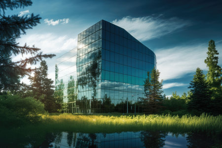 glass building, surrounded by lush green forest, with clear blue sky in the background, created with generative aiの素材