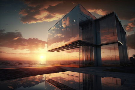glass building, with view of the ocean and sunset, for modern and sophisticated design, created with generative aiの素材