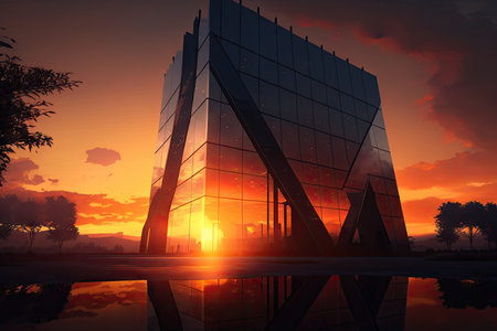 glass building at sunset, with the sun peeking over the horizon, created with generative aiの素材
