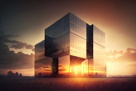 glass building at sunset, with the sun peeking over the horizon, created with generative aiの素材