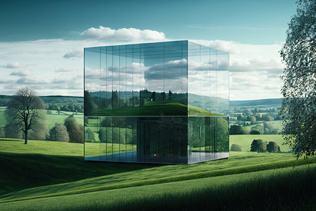 glass building, with view of rolling hills and clear skies, surrounded by greenery, created with generative aiの素材