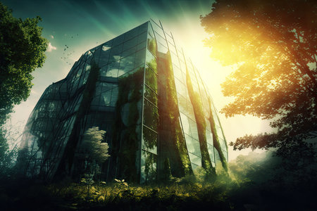 glass building, surrounded by lush greenery, with the sun shining through, created with generative aiの素材