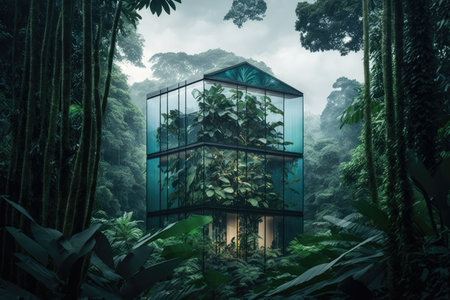 glass building, with view of lush rainforest and towering trees, created with generative aiの素材