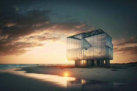 glass building, with view of sunset over the ocean, on tranquil beach, created with generative aiの素材