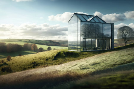 glass building with view of rolling green hills and blue sky, perfect for a relaxing retreat, created with generative aiの素材