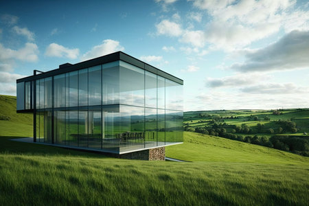 glass building with view of rolling green hills and blue sky, perfect for a relaxing retreat, created with generative aiの素材