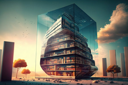 glass building with bookshelves and a reading nook, symbolizing knowledge, created with generative aiの素材