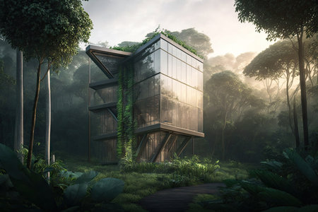 glass building surrounded by lush greenery, with view of the surrounding environment, created with generative aiの素材