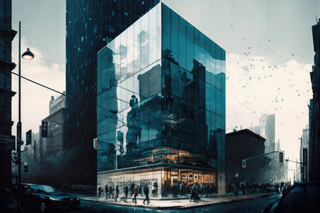glass building, with view of busy street, filled with bustling activity, created with generative aiの素材