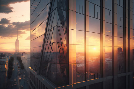glass building, with view of bustling cityscape, during sunset, created with generative aiの素材