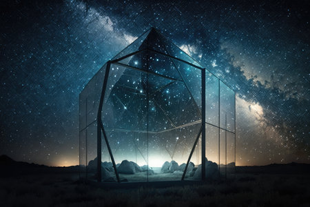 glass structure, with view of the night sky and stars, on distant planet, created with generative aiの素材