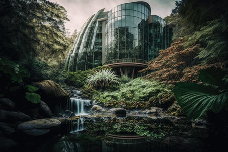 glass building surrounded by lush greenery, with a waterfall in the background, created with generative aiの素材
