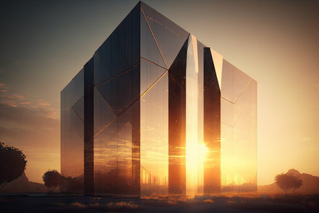 glass building at sunrise, with the sun shining through and casting a warm light, created with generative aiの素材