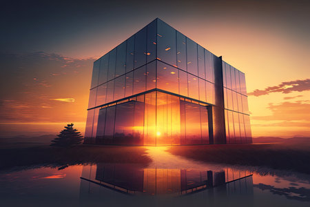 glass building, with view of the sun setting over the horizon, casting a warm glow in the sky, created with generative aiの素材