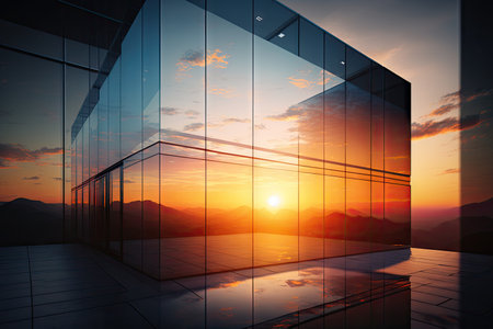 glass building with view of the sunrise, showcasing a new day, created with generative aiの素材
