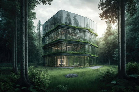 glass building with view of lush green forest, surrounded by nature, created with generative aiの素材