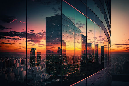 glass building, with view of the cityscape, at sunset, created with generative aiの素材