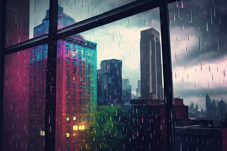glass building, with view of colorful city, on a rainy day, created with generative aiの素材