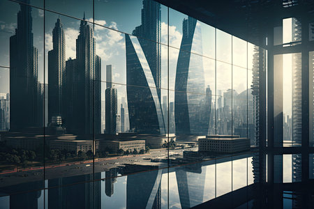 glass building, with view of bustling city center, surrounded by modern skyscrapers, created with generative aiの素材