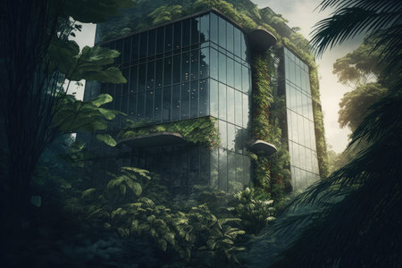 glass building surrounded by lush greenery and nature, created with generative aiの素材