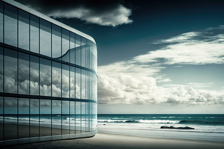 glass building, with view of the ocean and the waves rolling in, created with generative aiの素材