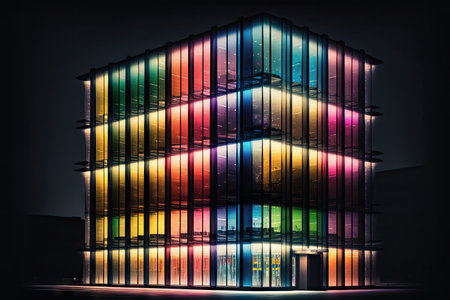 glass building, filled with colorful lights, at night, created with generative aiの素材