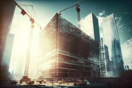 glass building under construction, with towering cranes and bustling construction site visible, created with generative aiの素材