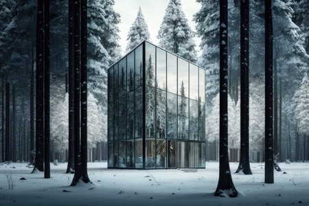 glass building in the middle of a snow-covered forest, created with generative aiの素材
